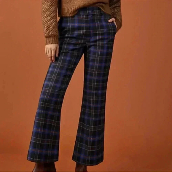 Avec Les Filles Maria High Rise Kick Flare Plaid Pants in Blue Size 8 - Picture 1 of 11